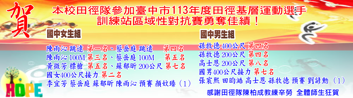 賀 ! 田徑隊參加臺中市113年度田徑基層運動選手訓練站區域性對抗賽成績優異