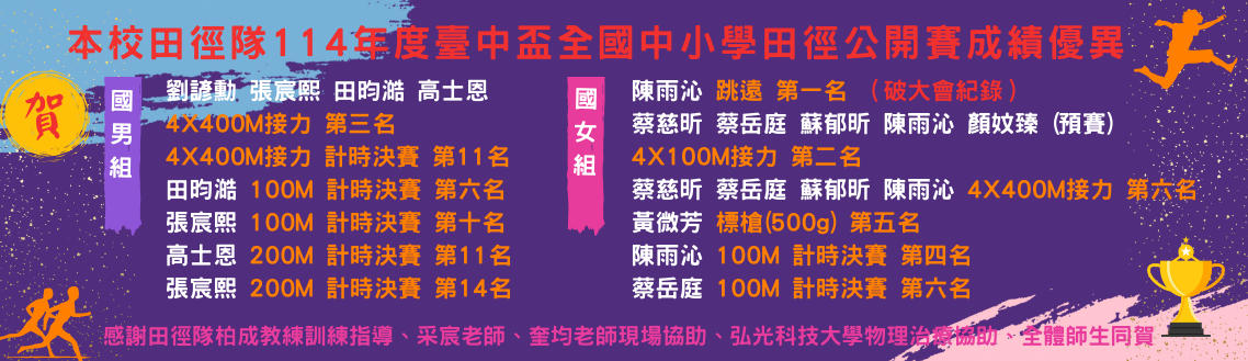 114年度臺中盃全國中小學田徑公開賽成績優異