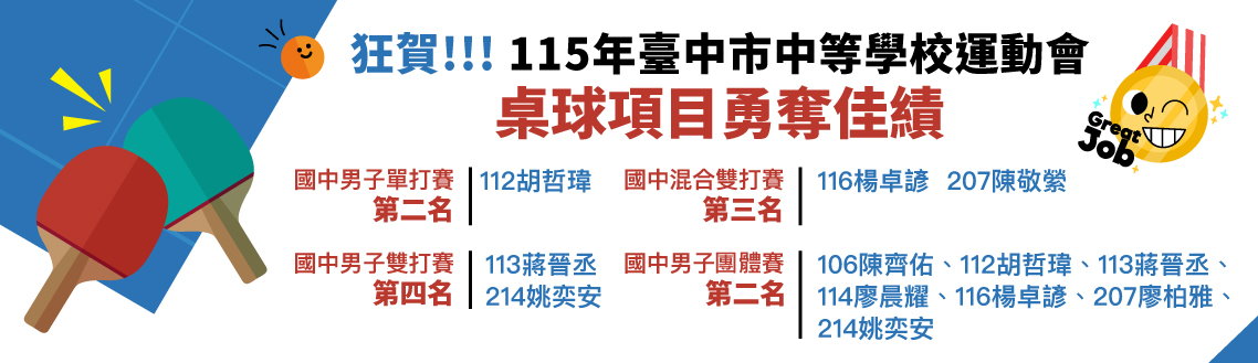 連結到狂賀!!! 115年臺中市中等學校運動會-桌球項目勇奪佳績